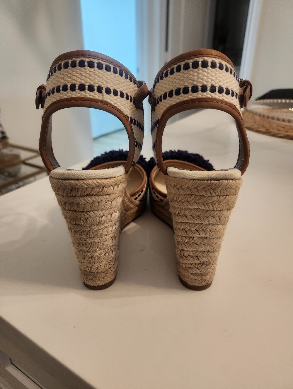 Tory Burch Shaw Espadrille Wedge Sandals In Navy Sea & Royal Tan Sz 8 - Picture 8 of 13